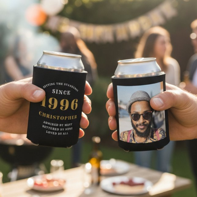 30th Birthday Black Gold With Photo Can Cooler (1996 can cooler showing front and rear. Blurred background.)