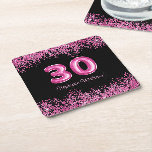 30th Birthday Black Pink Balloons Glitter Square Paper Coaster
