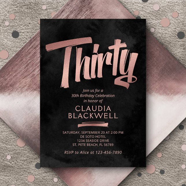 30th Birthday Black Rose Gold Invitation (Creator Uploaded)