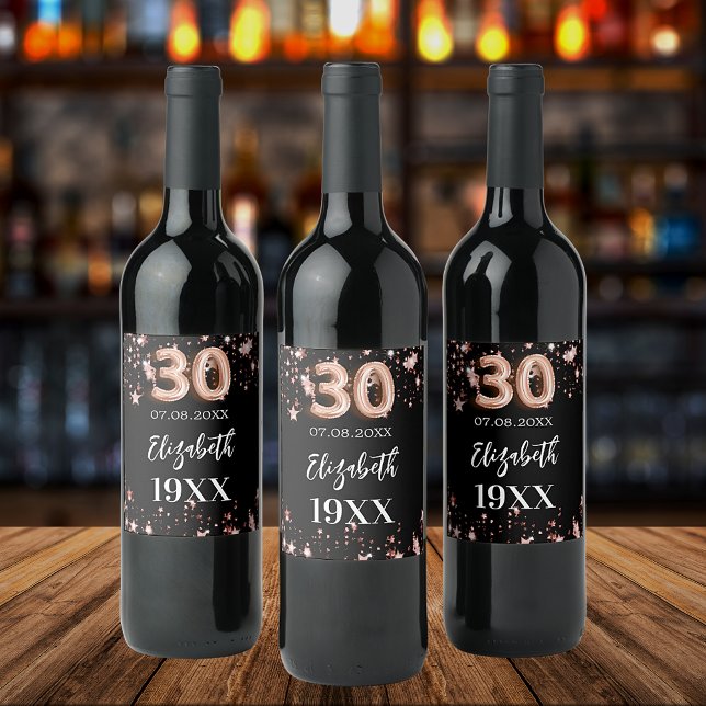 30th Birthday black rose gold stars Wine Label (Creator Uploaded)