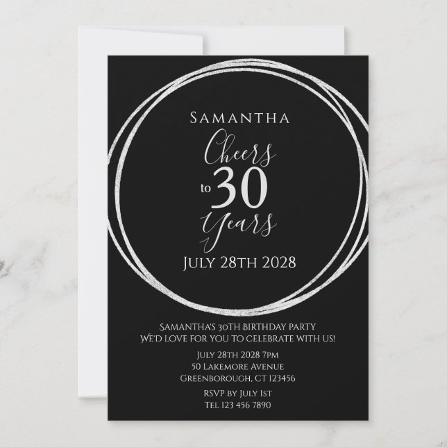 30th Birthday Black Silver Cheers 30 Years Party Invitation (Front)
