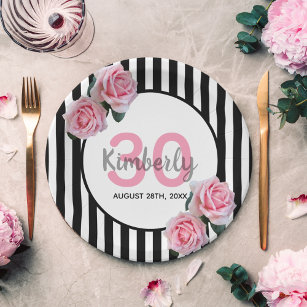 30th birthday black stripes pink florals name paper plate