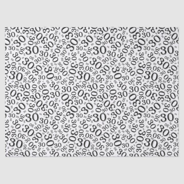 30th Birthday Black/White Collage Number Pattern Tissue Paper (Front)