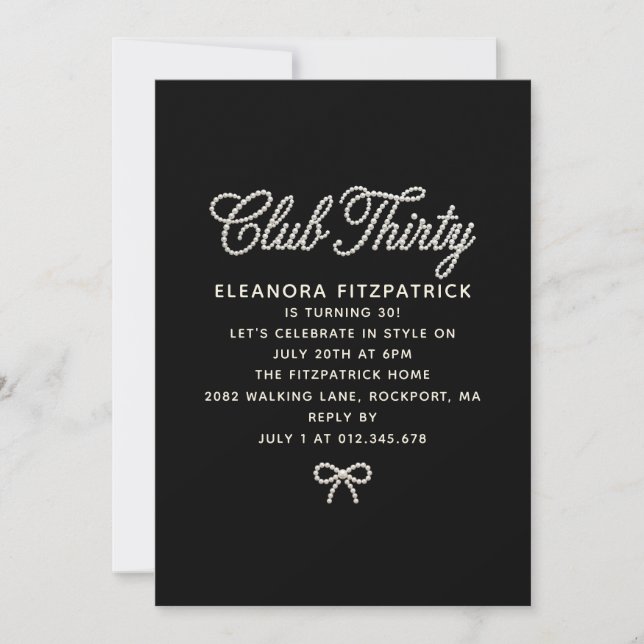 30th Birthday Black White Pearl Script Bow Invitation (Front)