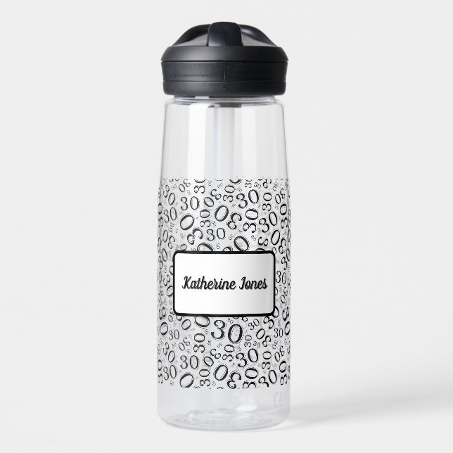 30th Birthday Black & White Random Number Pattern Water Bottle (Front)