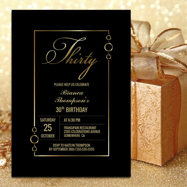 30th Birthday Black with Gold Frame Party Invitation (Creator Uploaded)