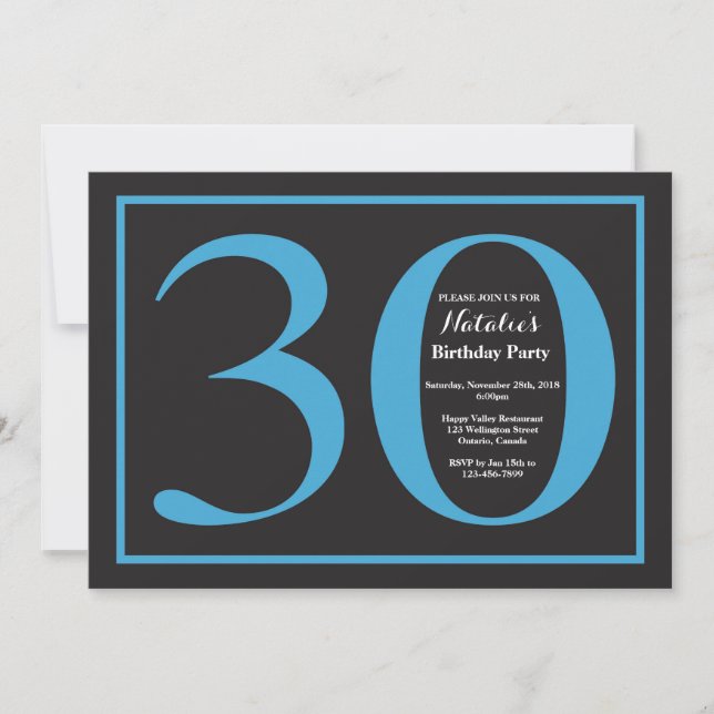 30th Birthday Blue and Black Chalkboard Invitation (Front)
