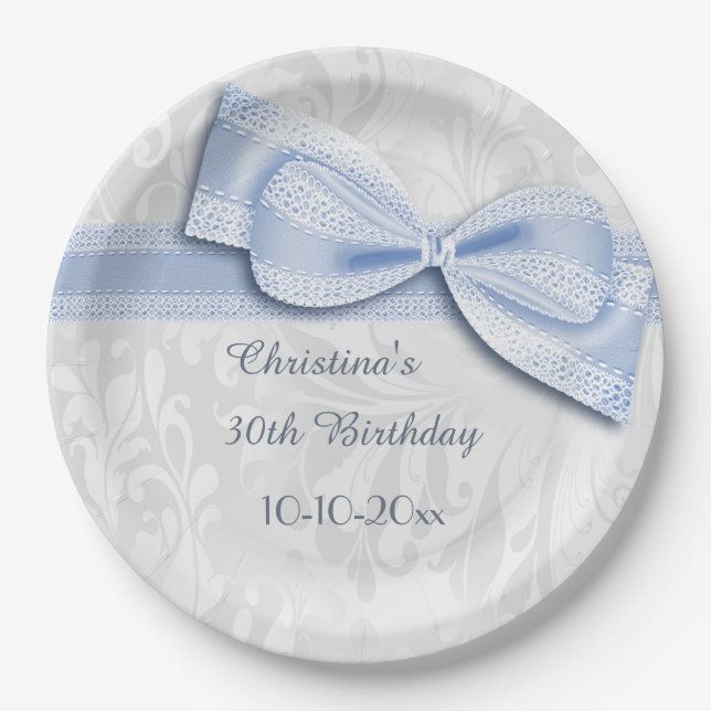 30th Birthday Blue Damask and Faux Bow Paper Plate (Front)
