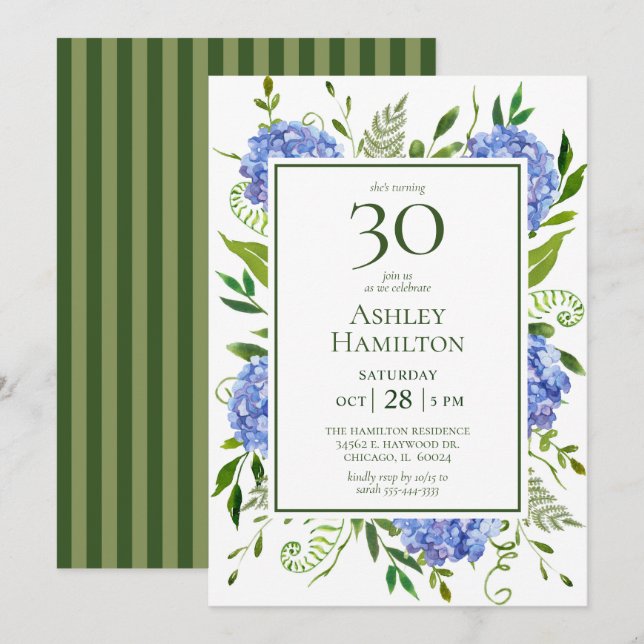 30th Birthday Blue Hydrangeas Invitation (Front/Back)