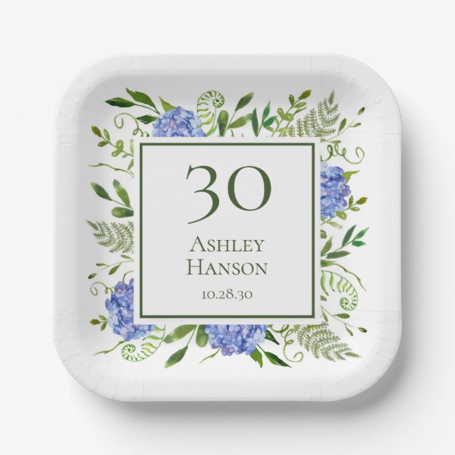 30th Birthday Blue Hydrangeas Paper Plate (Front)