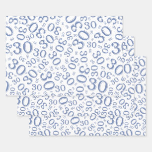 30th Birthday Blue & White Random Number Pattern Wrapping Paper Sheet