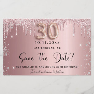 30th birthday blush glitter save the date card