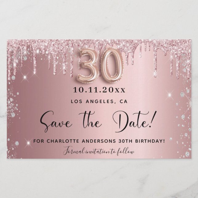 30th birthday blush glitter save the date card (Front)
