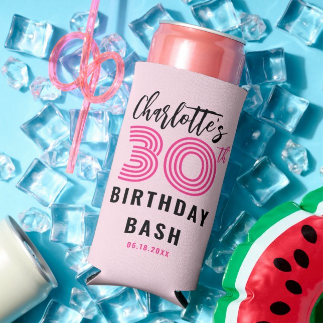 30Th Birthday Blush Modern Script Personalized Seltzer Can Cooler (In Situ Summer)