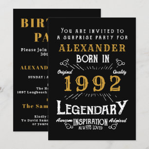 30th Birthday Born 1992 Black Gold Retro Vintage Invitation