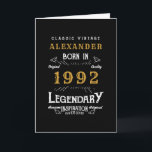 30th Birthday Born 1992 Vintage Black Gold Card<br><div class="desc">A personalized classic card for that celebration. Add the name to this vintage retro style black, white and gold design for a custom birthday greeting card. Easily edit the name and year with the template provided. The Wonderful custom gift. More gifts and party supplies for that party celebration available with...</div>