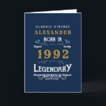 30th Birthday Born 1992 Vintage Blue Gold Card<br><div class="desc">A personalized classic card for that celebration. Add the name to this vintage retro style blue, white and gold design for a custom birthday greeting card. Easily edit the name and year with the template provided. The Wonderful custom gift. More gifts and party supplies for that party celebration available with...</div>