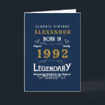 30th Birthday Born 1992 Vintage Blue Gold Card<br><div class="desc">A personalized classic card for that celebration. Add the name to this vintage retro style blue, white and gold design for a custom birthday greeting card. Easily edit the name and year with the template provided. The Wonderful custom gift. More gifts and party supplies for that party celebration available with...</div>