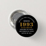 30th Birthday Born 1993 Add Name Black Gold 1 Inch Round Button<br><div class="desc">Personalized Birthday add your name and year badge. Edit the name and year with the template provided. A wonderful custom birthday party accessory. More gifts and party supplies available with the "setting standards" design in the store.</div>