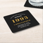 30th Birthday Born 1993 Add Name Black Gold Square Paper Coaster<br><div class="desc">Personalized Birthday add your name and year coaster. Edit the name and year with the template provided. A wonderful custom birthday party accessory. More gifts and party supplies available with the "setting standards" design in the store.</div>