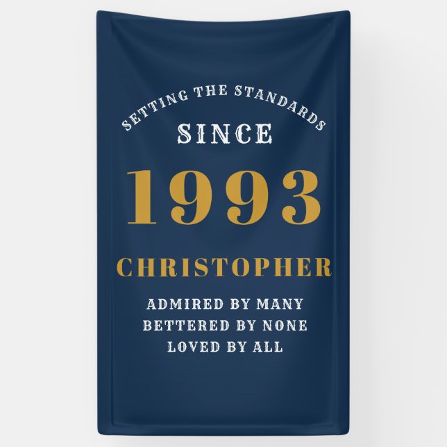 30th Birthday Born 1993 Add Name Blue Gold Banner (Vertical)