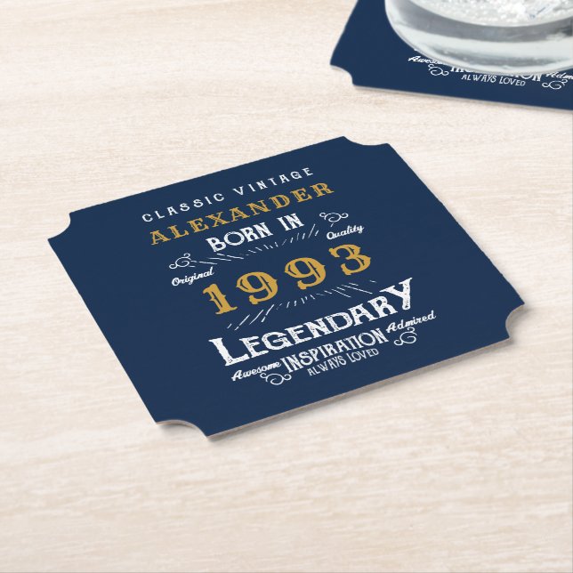 30th Birthday Born 1993 Add Name Legend Blue Gold Paper Coaster (Angled)