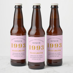 30th Birthday Born 1993 Add Name Pink Gray Beer Bottle Label