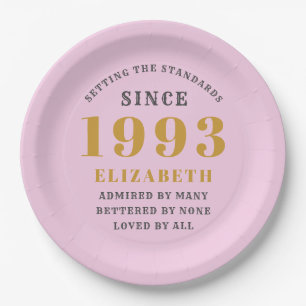 30th Birthday Born 1993 Add Name Pink Grey Paper Plate