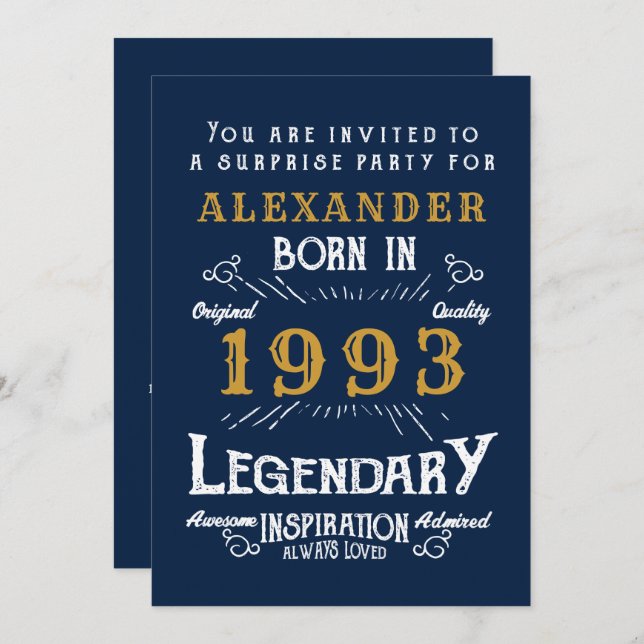 30th Birthday Born 1993 Blue Gold Retro Legend Invitation (Front/Back)