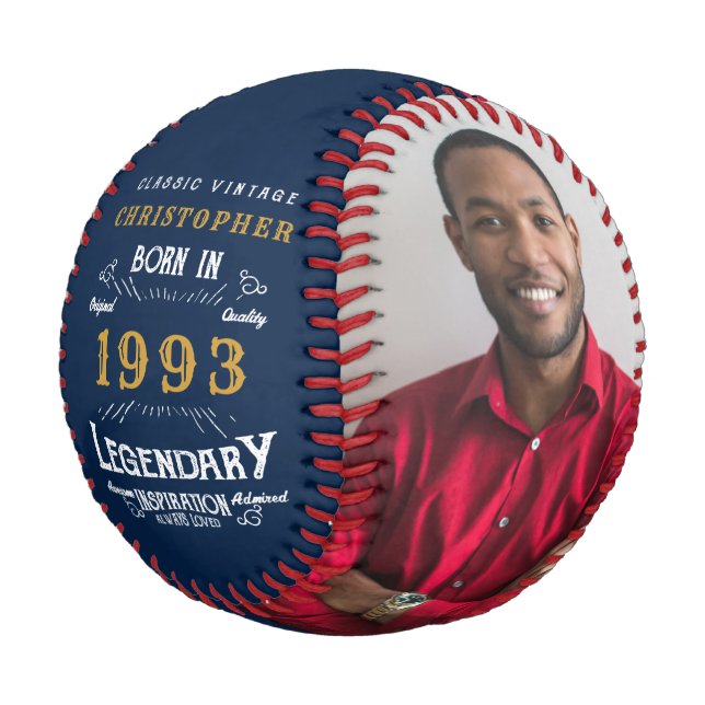 30th Birthday Born 1993 Monogram Photo Legend Blue Baseball (Angled)