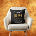 30th Birthday Born 1994 Loved Add Your Name Black Throw Pillow<br><div class="desc">For those born in 1994 and celebrating their 30th birthday we have the ideal surprise birthday party throw pillow gift. The black background with a white and gold design is simple and yet elegant. Easily customize the text to the front and the interior of these party supplies using the template...</div>