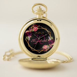 30th birthday burgundy florals black geometric pocket watch