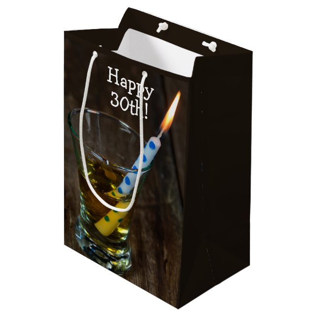 30th Birthday Candle in Whiskey Glass  Medium Gift Bag (Front Angled)