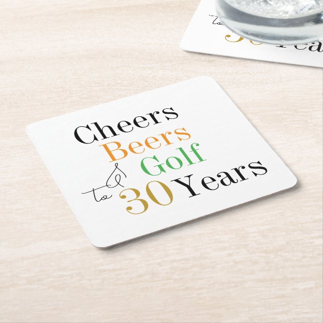30th Birthday Cheers and Beers Golf Party Square Paper Coaster (Angled)