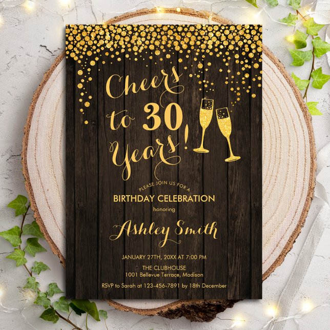 30th Birthday - Cheers To 30 Years Gold Wood Invitation (Creator Uploaded)