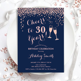 30th Birthday - Cheers To 30 Years Rose Gold Navy Invitation
