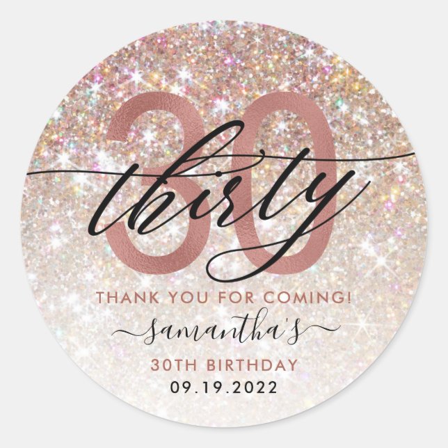 30th Birthday Chic Glitter Ombre Thank You Classic Round Sticker (Front)