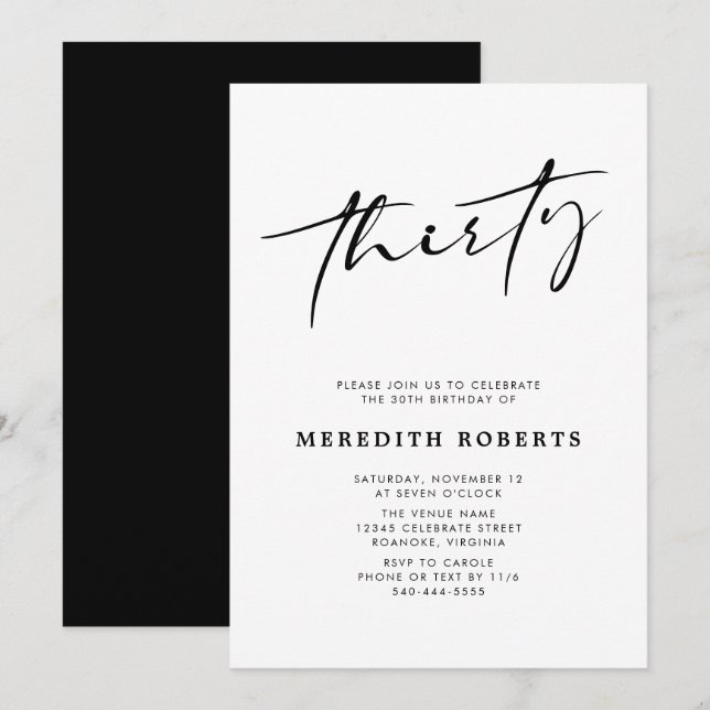  30th Birthday Chic Modern Script Minimalist Party Invitation (Front/Back)