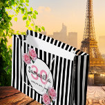 30th birthday chic pink roses black white stripes large gift bag<br><div class="desc">Classic slim black and white vertical stripes as background. With girly, feminine and romantic pink roses as decoration. Perfect for an elegant 30th birthday party for her. A white and black frame with templates for name, age and a date. Age number 30 in pink, name and date in black. The...</div>