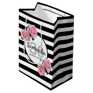 30th birthday chic pink roses black white stripes medium gift bag