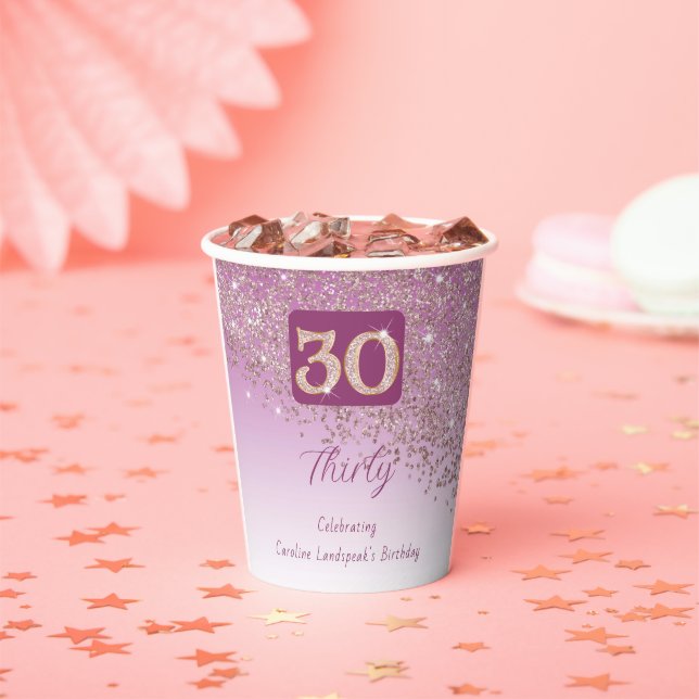 30th Birthday Classy Falling Rose Gold Glitter Paper Cups (Insitu)