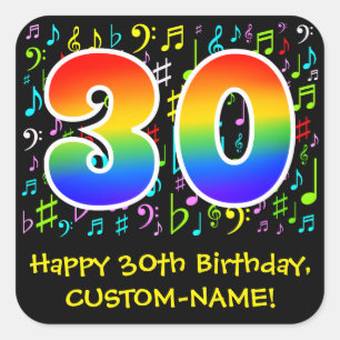 30th Birthday: Colorful Music Symbols, Rainbow 30 Square Sticker