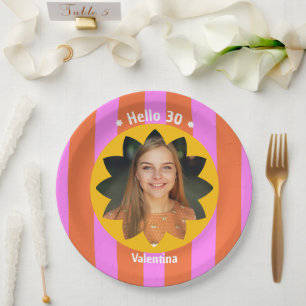 30th birthday colorful photo pink yellow trendy paper plate