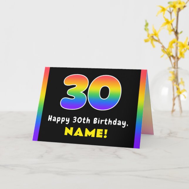 30th Birthday: Colourful Rainbow # 30, Custom Name Card (Yellow Flower)