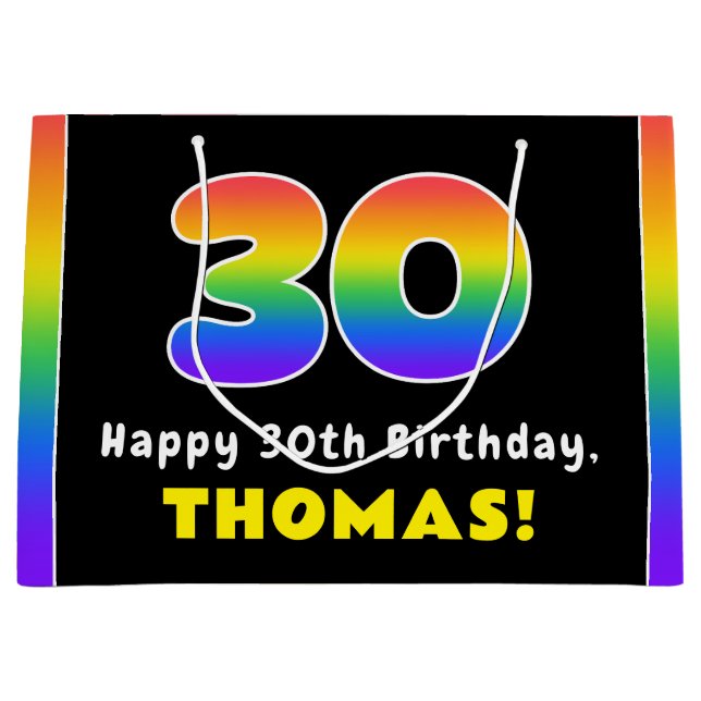 30th Birthday: Colourful Rainbow # 30, Custom Name Large Gift Bag (Front)