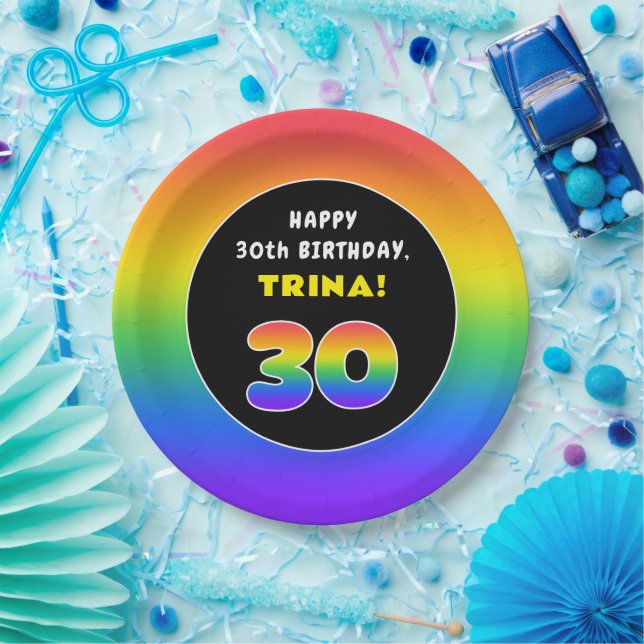 30th Birthday: Colourful Rainbow # 30, Custom Name Paper Plate (Party)