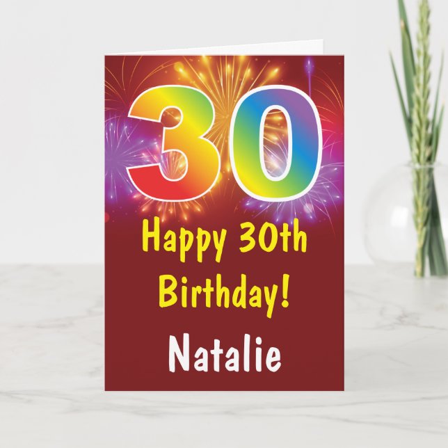 30th Birthday Colourful Rainbow Fireworks Red Card (Front)
