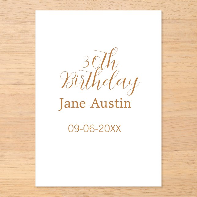 30th birthday copper brown simple stylish name dat acrylic invitations (Front)