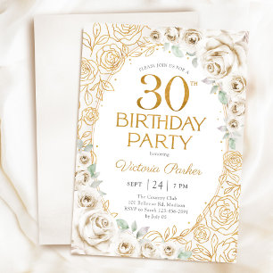 30th Birthday Cream Gold Floral Feminine Invitation