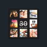 30th birthday custom photo collage black monogram canvas print<br><div class="desc">A unique 30th birthday gift or keepsake, celebrating her life with a collage of 8 of your photos. Add images of her family, friends, pets, hobbies or dream travel destination. Personalize and add a name, age 30 and a date. Grey and white coloured letters. A chic black background. This canvas...</div>